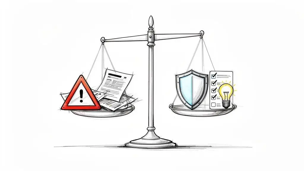 Bilancia che equilibra rischi (segnaletica di pericolo, documenti) a sinistra e protezione (scudo, checklist con lampadina) a destra.