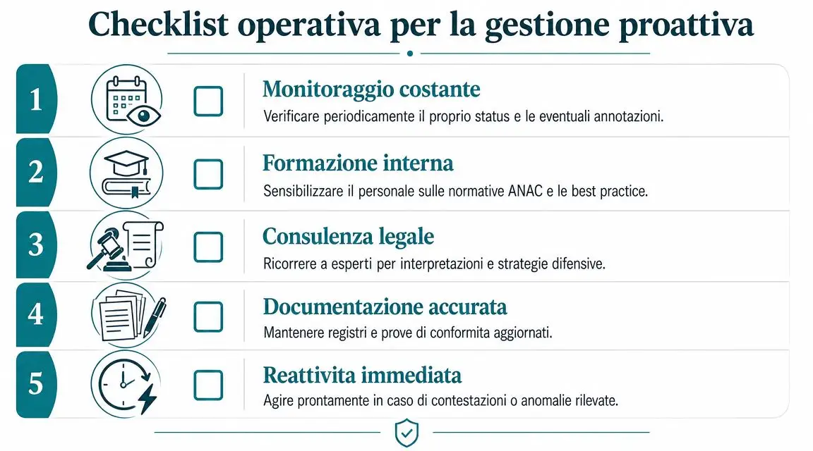 Checklist operativa con cinque passaggi per la gestione proattiva e la conformità alle normative ANAC in azienda.