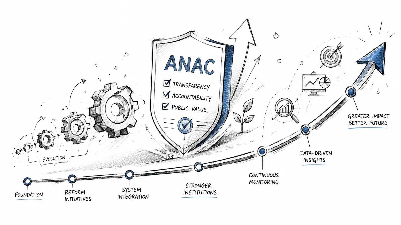 Grafico illustrativo che mostra l'evoluzione e la crescita strategica dell'ANAC verso un futuro di maggiore impatto.