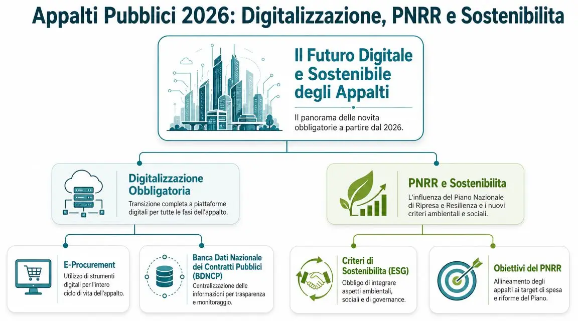 Schema grafico riassuntivo sulle novità obbligatorie per gli appalti pubblici nel 2026 tra digitalizzazione, PNRR e sostenibilità.