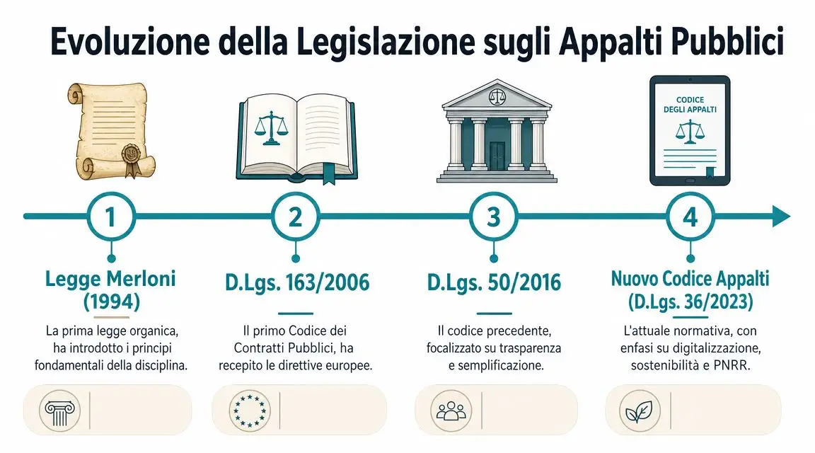 Infografica sull'evoluzione della legislazione sugli appalti pubblici in Italia, dalla Legge Merloni al nuovo Codice 36/2023.