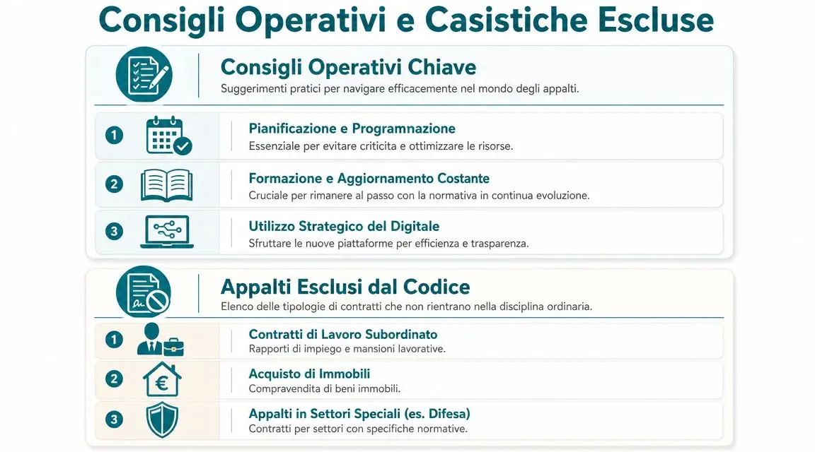 Grafica informativa che riassume consigli operativi per appalti e tipologie di contratti esclusi dal codice.