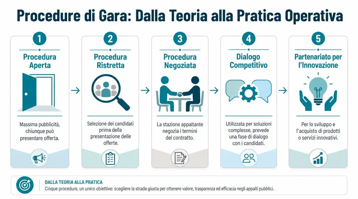 Infografica che illustra le cinque diverse procedure di gara previste nel settore degli appalti pubblici italiani.