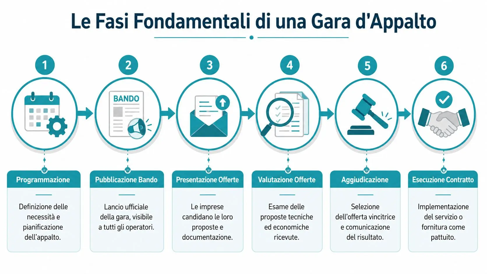 Infografica illustrante le sei fasi fondamentali di una procedura di gara d'appalto, dalla programmazione alla esecuzione contratto.
