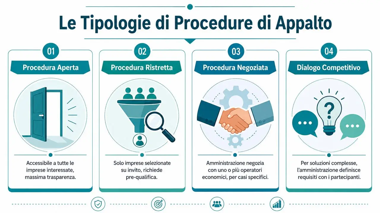 Infografica illustrata che spiega le quattro principali tipologie di procedure di appalto pubblico in Italia.