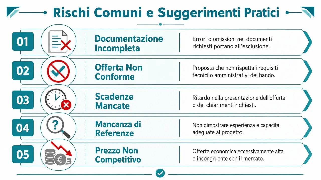 Infografica che elenca cinque rischi comuni e suggerimenti pratici da evitare durante le gare di appalto pubblico.