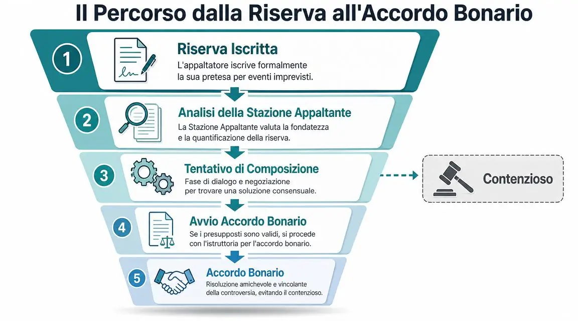Schema a imbuto che illustra le fasi procedurali dalla riserva iscritta fino all'accordo bonario negli appalti.