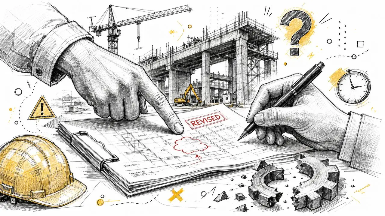 Disegno a mano che illustra la revisione di un progetto tecnico edile con casco e ingranaggi rotti.