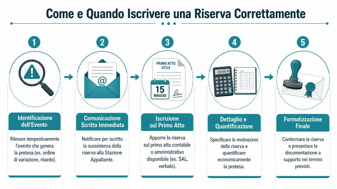 Infografica che illustra i cinque passaggi fondamentali per inserire correttamente una riserva negli appalti pubblici.