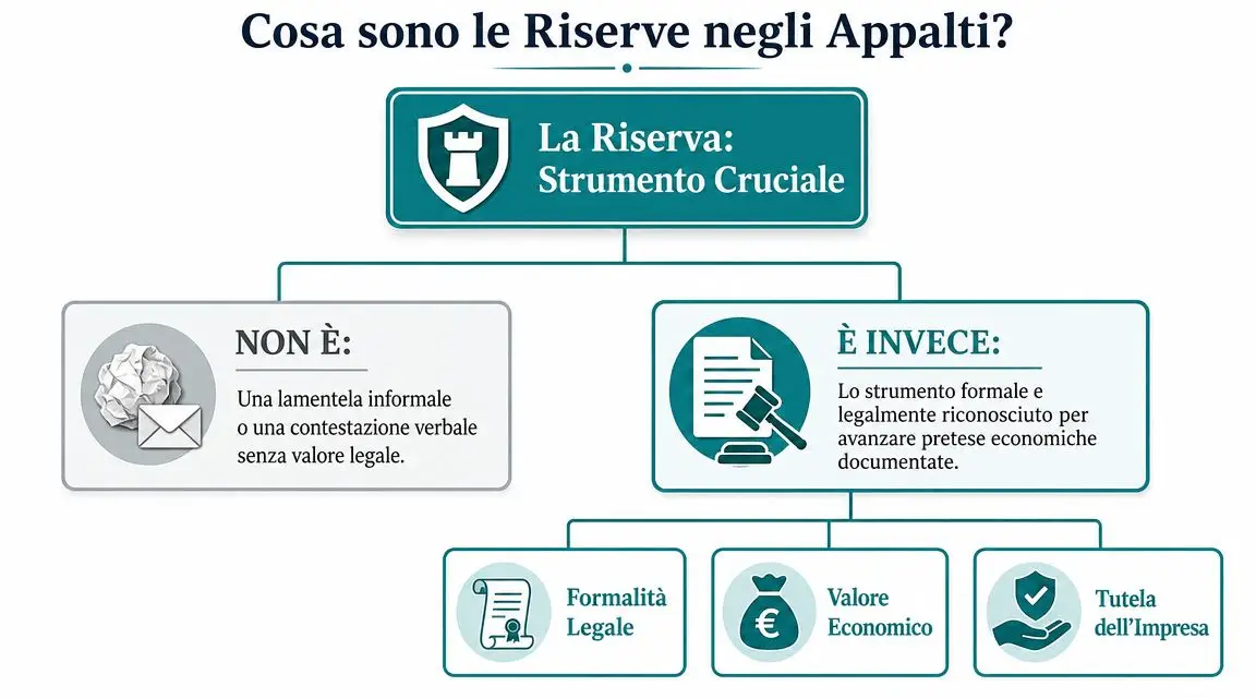 Infografica che spiega il significato e la funzione delle riserve legali nell'ambito degli appalti pubblici.