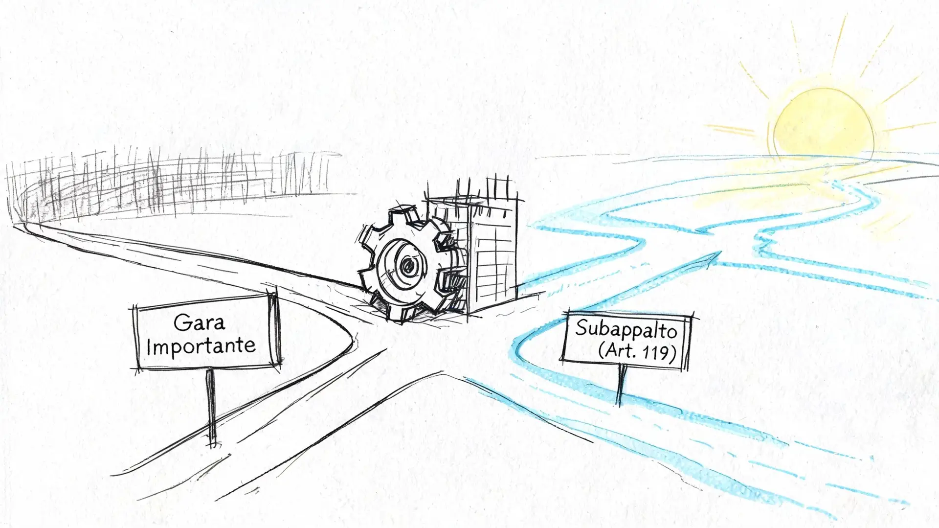 Un disegno stilizzato che rappresenta una biforcazione stradale tra un importante bando di gara e il subappalto.