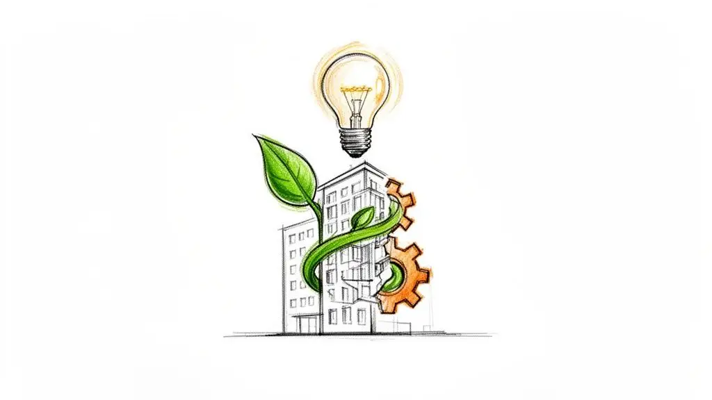 Schizzo di un edificio con foglia verde, ingranaggio e lampadina accesa, simboleggiante efficienza energetica e sostenibilità.