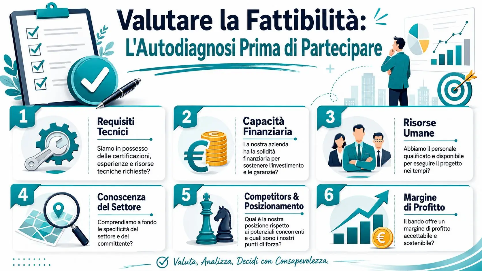 Infografica che illustra sei passaggi fondamentali per valutare la fattibilità di un bando di gara aziendale.