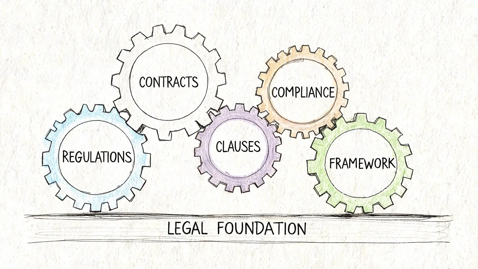 Schema visivo a ingranaggi rappresentante i concetti di contratti, conformità, clausole, regolamenti e framework legale.
