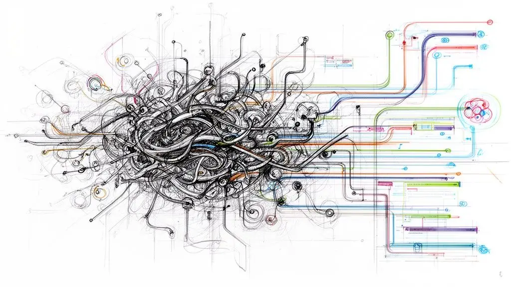 Un complesso diagramma astratto che mostra linee colorate intrecciate su uno sfondo bianco pulito e minimale.