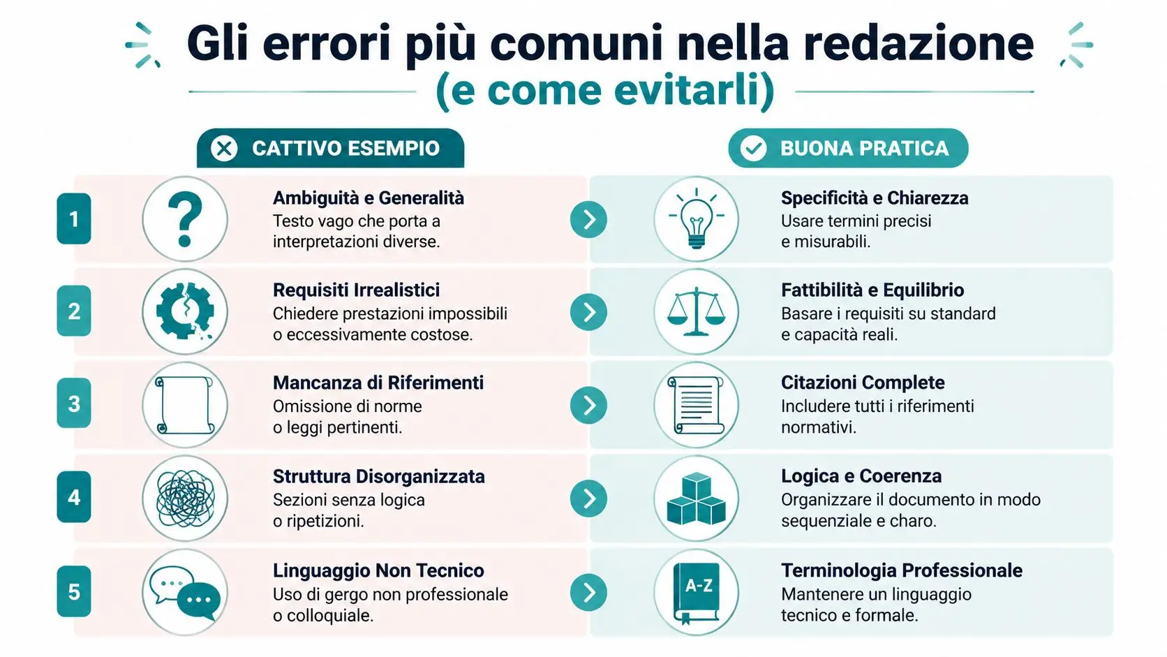 Infografica sui cinque errori comuni nella stesura di documenti tecnici e come risolverli con buone pratiche.