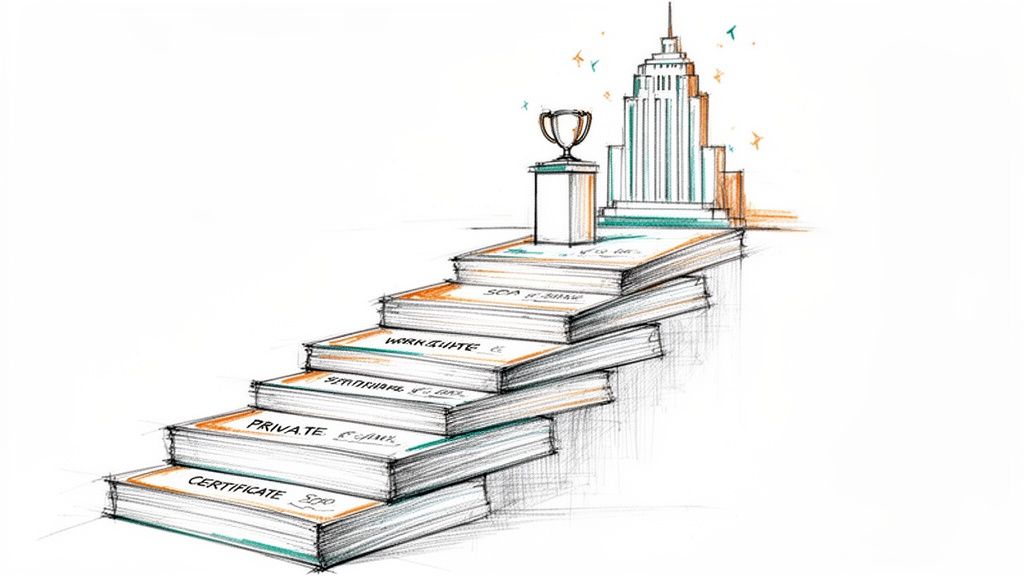 Illustrazione di una scalinata di libri che conduce a un trofeo e a un grattacielo, simboleggiando il percorso verso il successo.