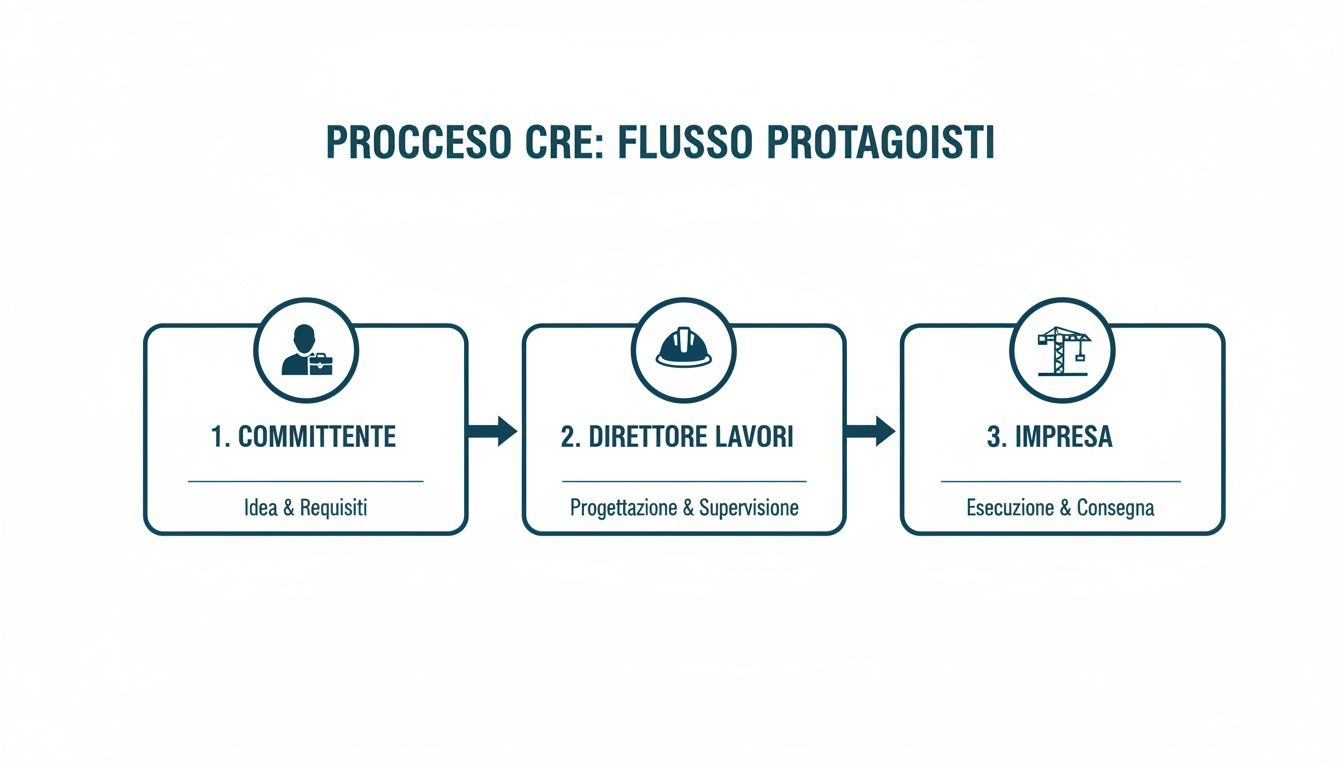 Schema del processo CRE che illustra il flusso e i protagonisti: Committente, Direttore Lavori e Impresa con le loro fasi.
