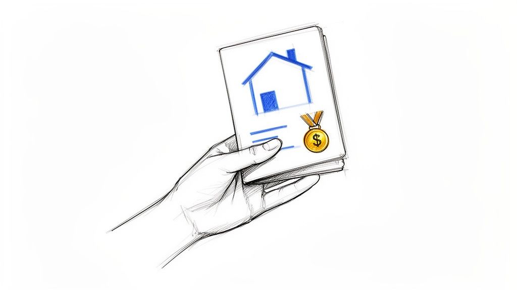 Mano che tiene un documento raffigurante una casa e una medaglia d'oro con simbolo del dollaro, indicando valore immobiliare.