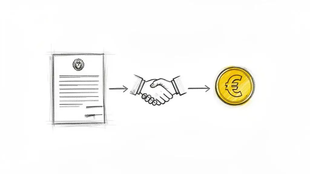Illustrazione di un processo: certificato, stretta di mano e moneta euro che simboleggiano un accordo economico.