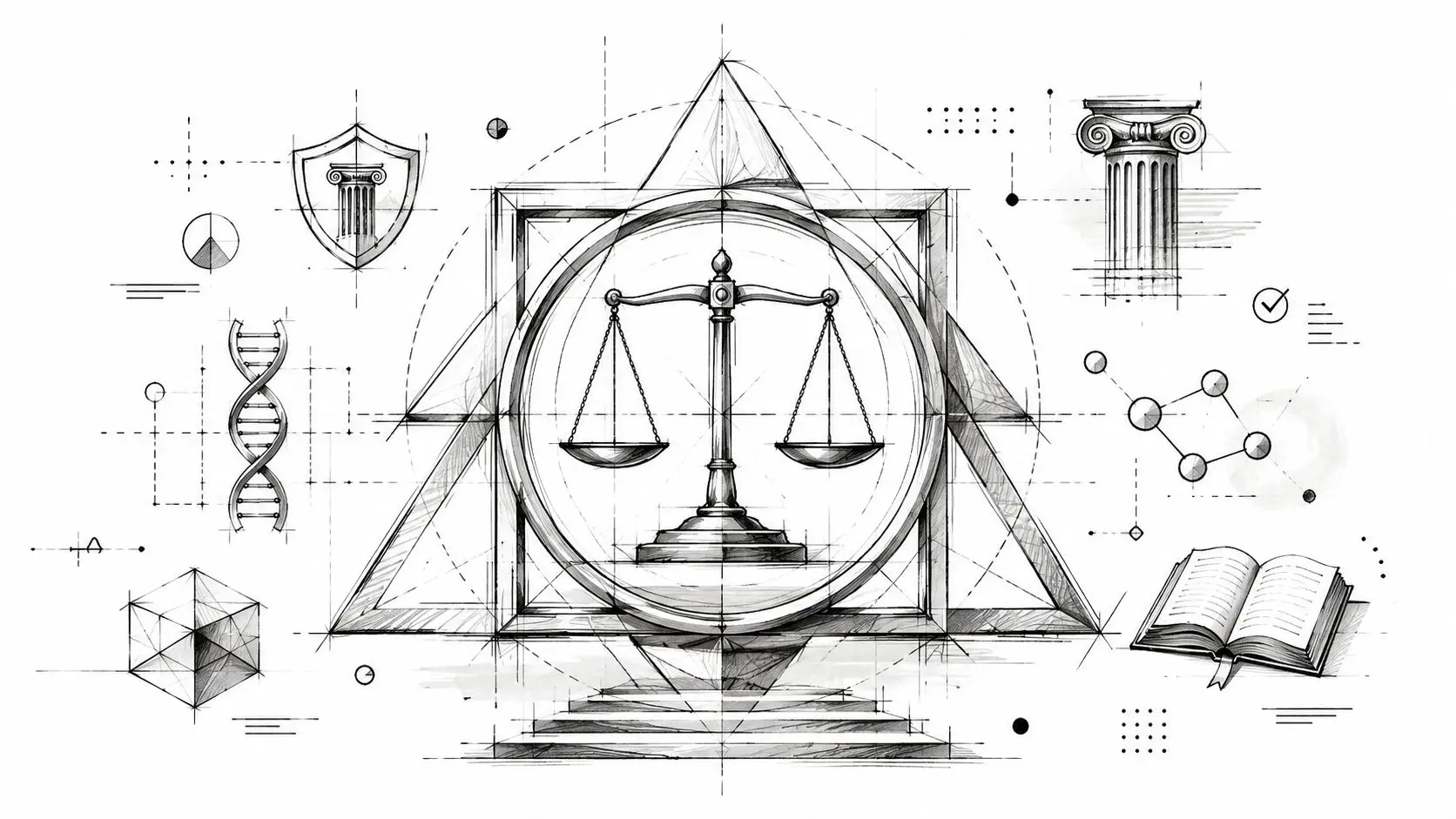Illustrazione tecnica in bianco e nero che rappresenta il concetto di giustizia legale con simboli architettonici e scientifici.