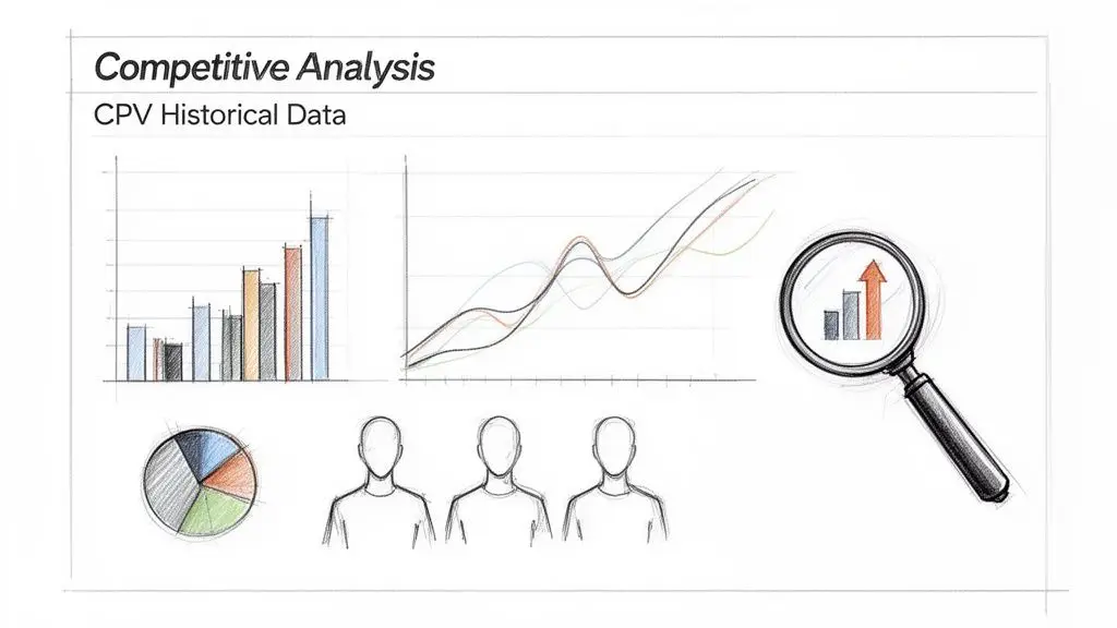 Analisi competitiva con dati storici CPV, grafici a barre, linee, torta e lente d'ingrandimento per insight di mercato.