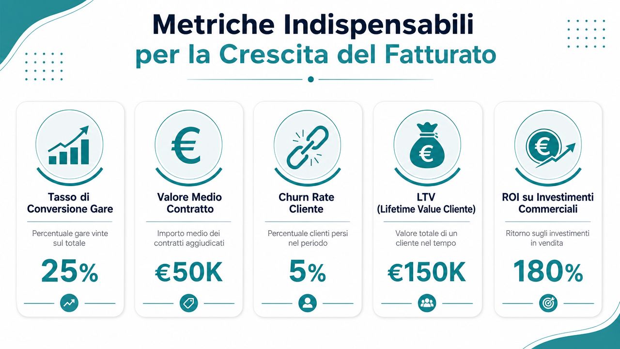 Infografica sulle metriche aziendali fondamentali per monitorare e favorire la crescita del fatturato di un'impresa.