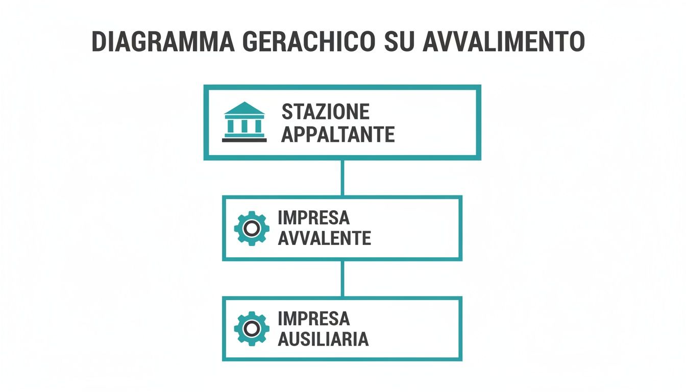 Diagramma gerarchico che illustra le relazioni in un contratto di avvalimento tra Stazione Appaltante, Impresa Avvalente e Impresa Ausiliaria.