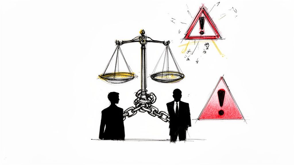 Bilancia della giustizia e due uomini incatenati, con avvisi di pericolo e rischio.