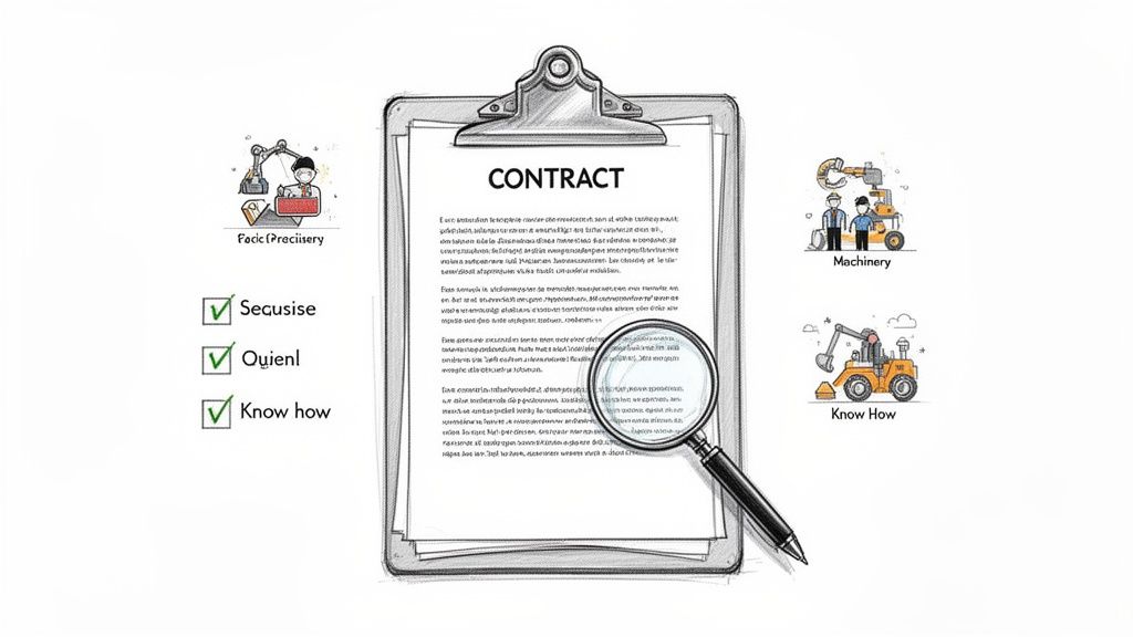 Un contratto in evidenza con illustrazioni di macchinari, know-how e requisiti, simboleggiando precisione e avvalimento.