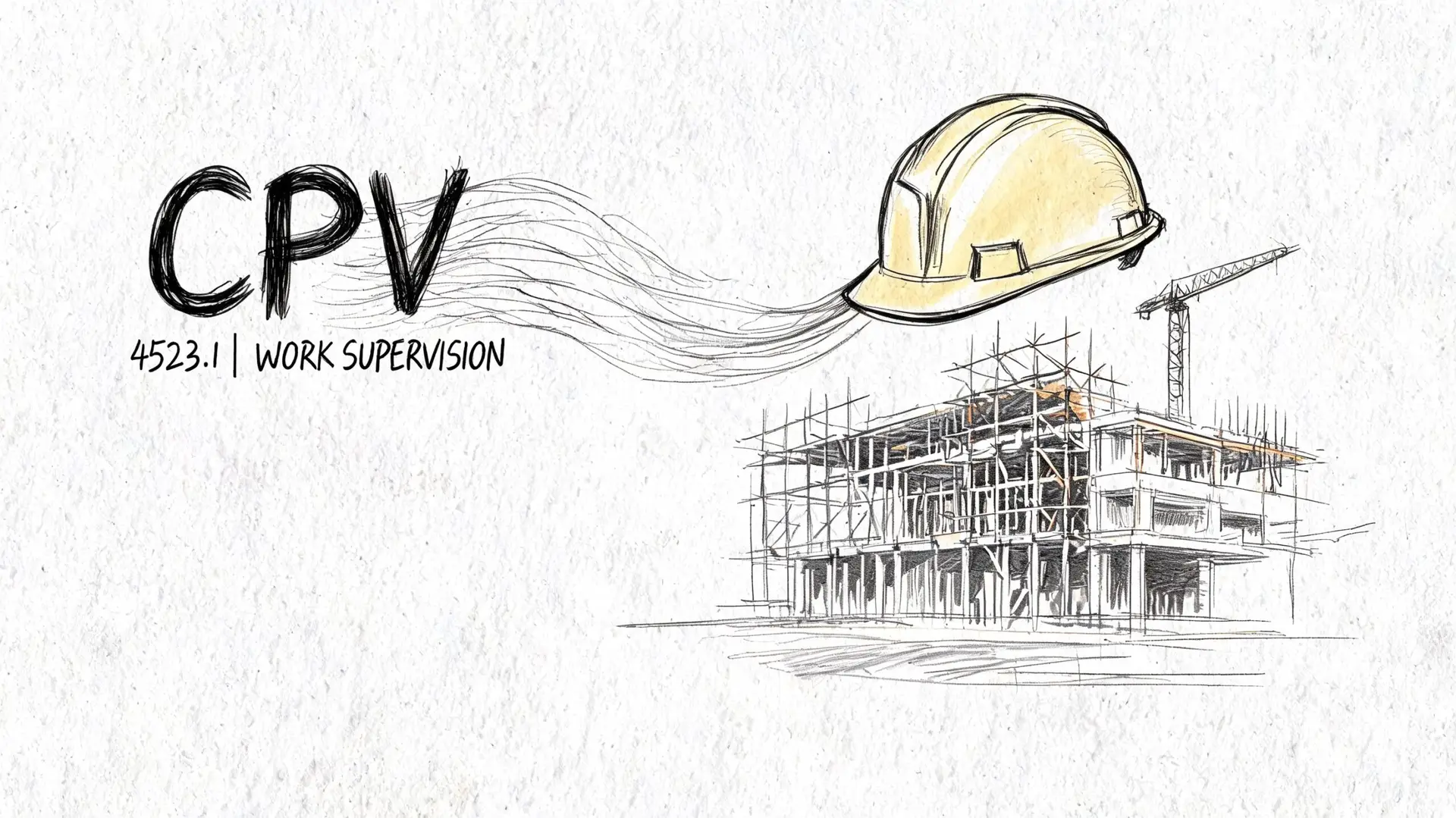 Illustrazione artistica che rappresenta la supervisione dei lavori edili con un casco da cantiere e un edificio.