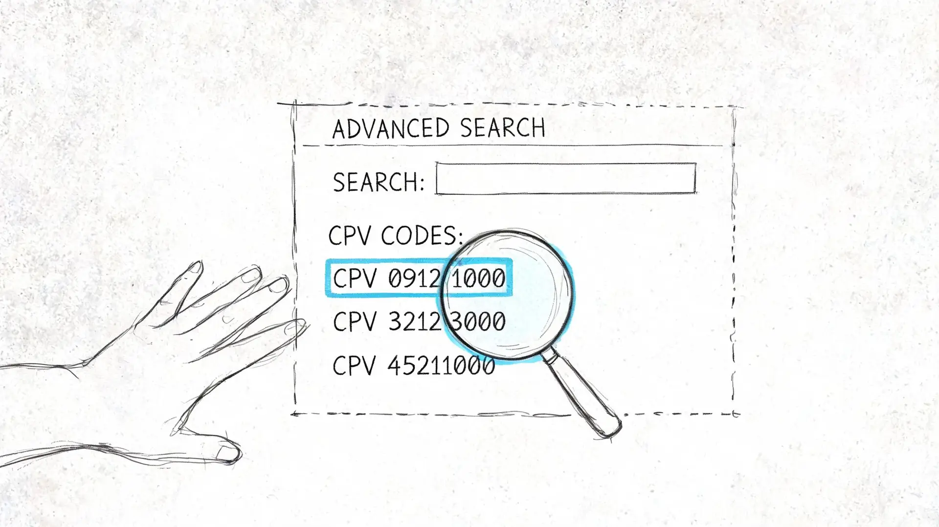 Un disegno stilizzato che mostra una lente d'ingrandimento sopra un codice CPV su un modulo di ricerca avanzata.