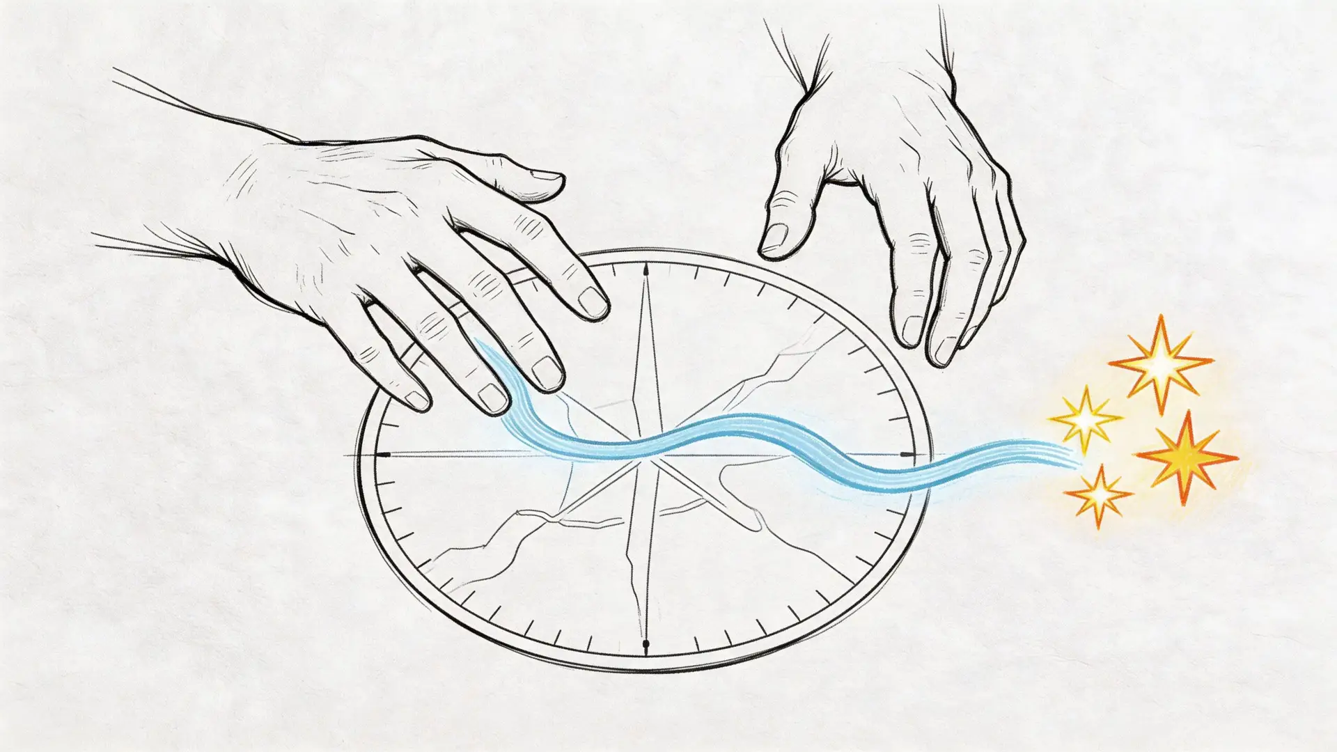 Disegno stilizzato di mani che interagiscono con una bussola, guidando un flusso energetico verso delle stelle luminose.