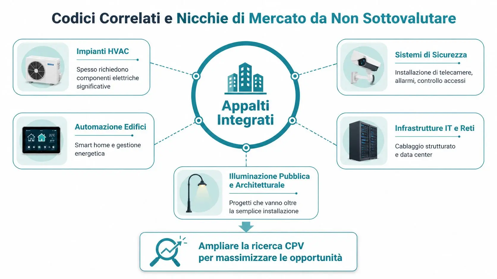 Diagramma che illustra come collegare impianti elettrici, automazione, sicurezza e altre nicchie di mercato negli appalti integrati.