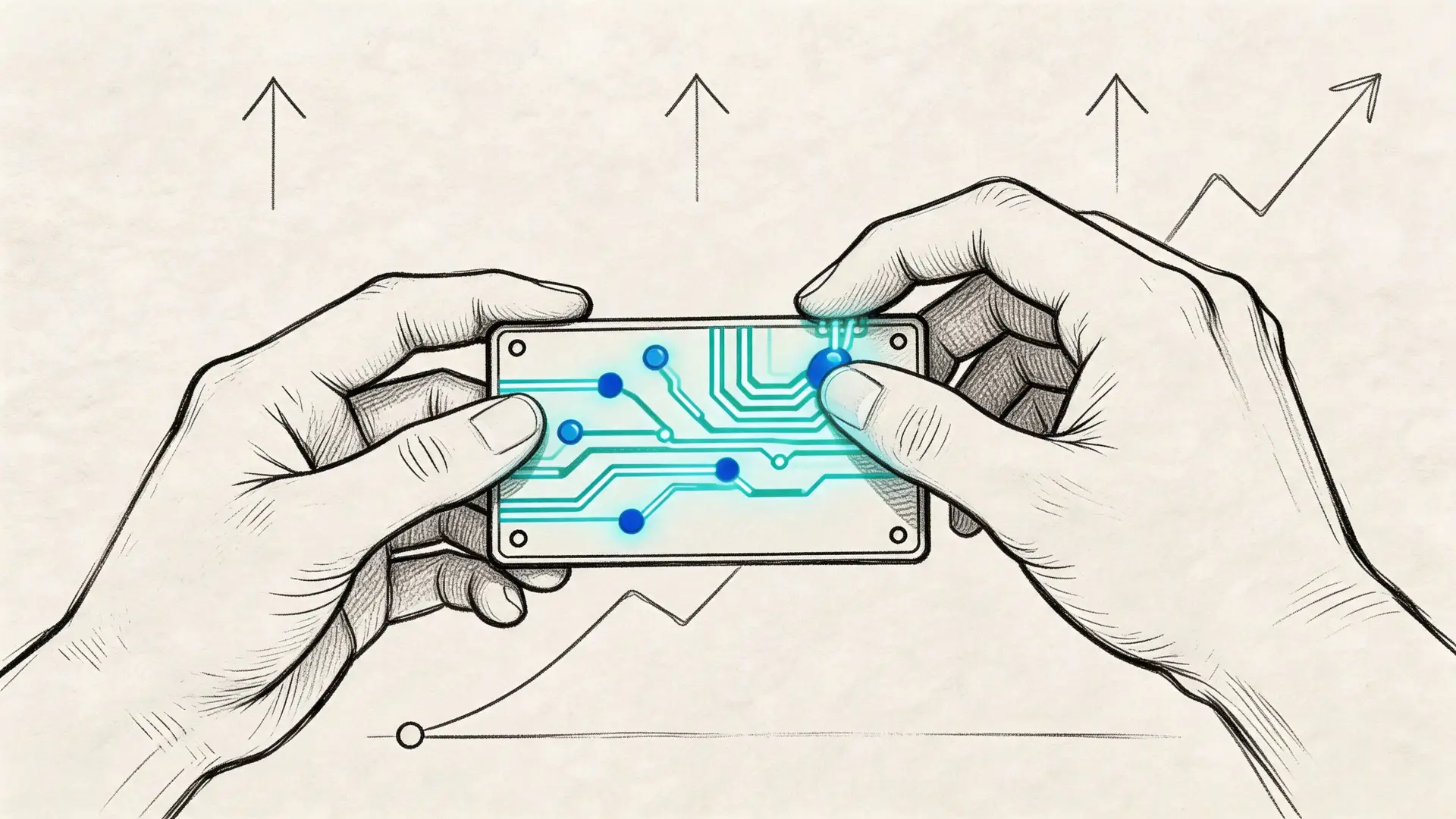 Illustrazione a matita che mostra mani che tengono un circuito elettronico tecnologico su uno sfondo con grafici.