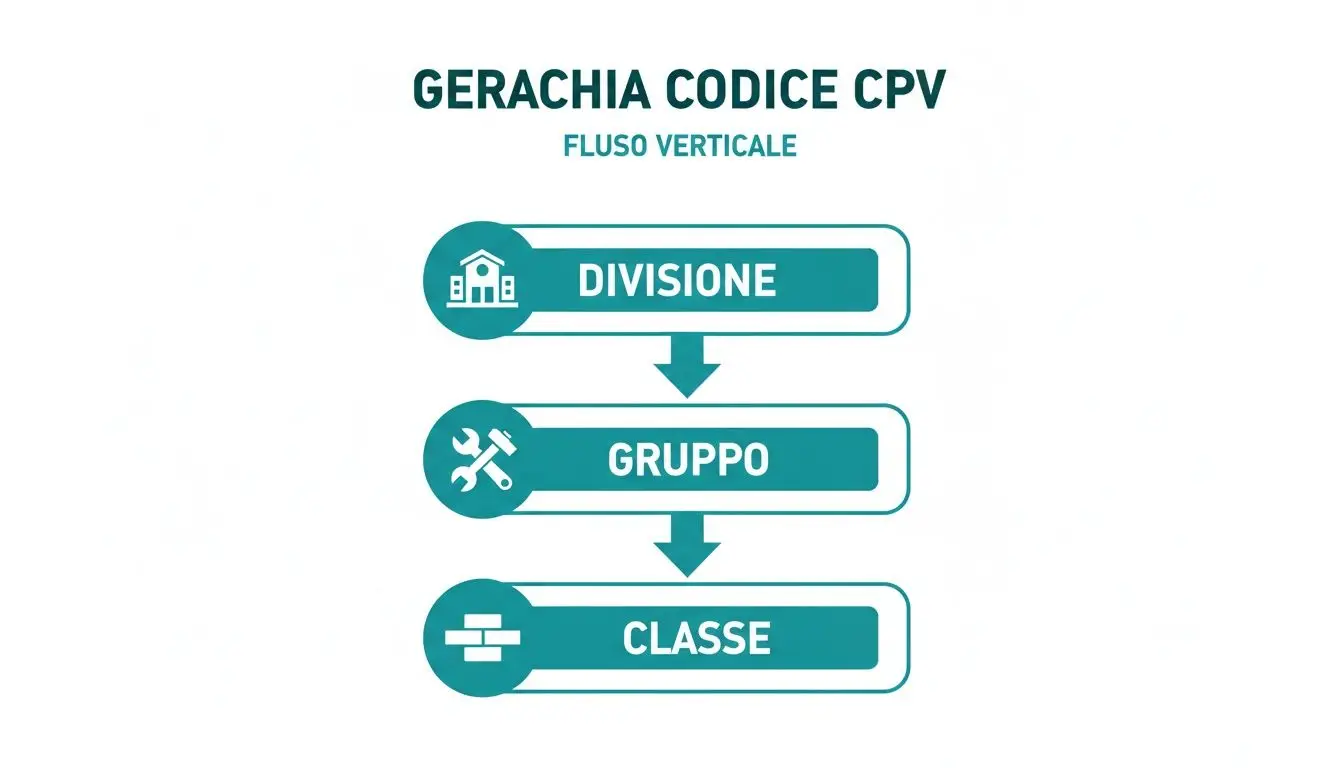Diagramma gerarchico verticale dei codici CPV che illustra Divisione, Gruppo e Classe con icone.