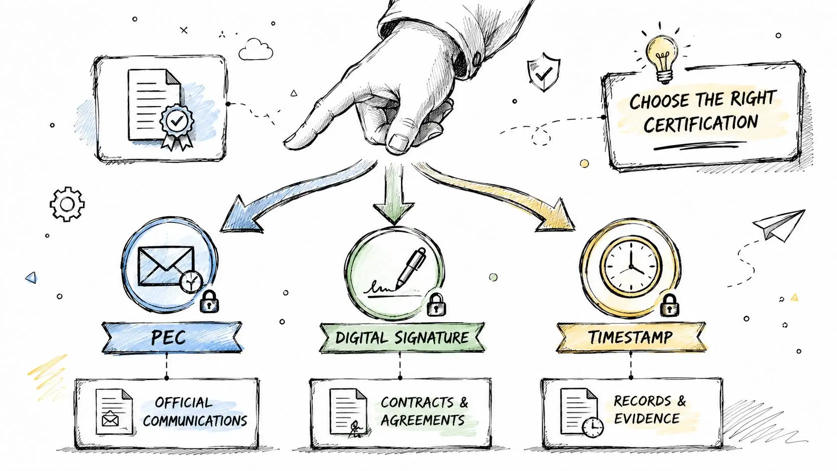 Schema illustrativo che mostra come scegliere tra PEC, firma digitale e marca temporale per i documenti.