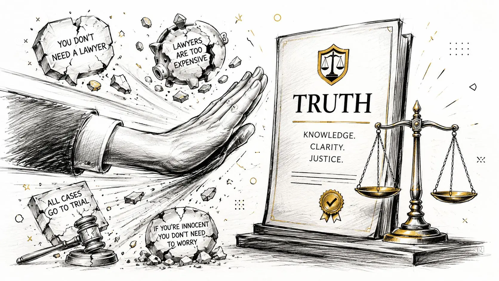 Illustrazione stilizzata che rappresenta la smentita di miti legali comuni attraverso la ricerca della verità e giustizia.