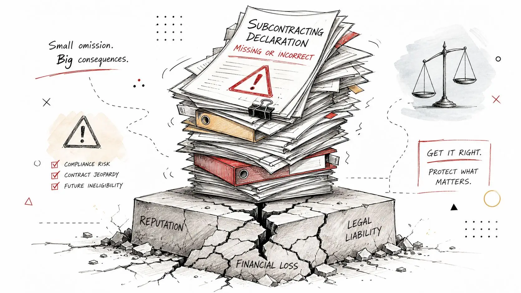 Una pila di documenti di subappalto che causano rischi legali, finanziari e danni alla reputazione aziendale.