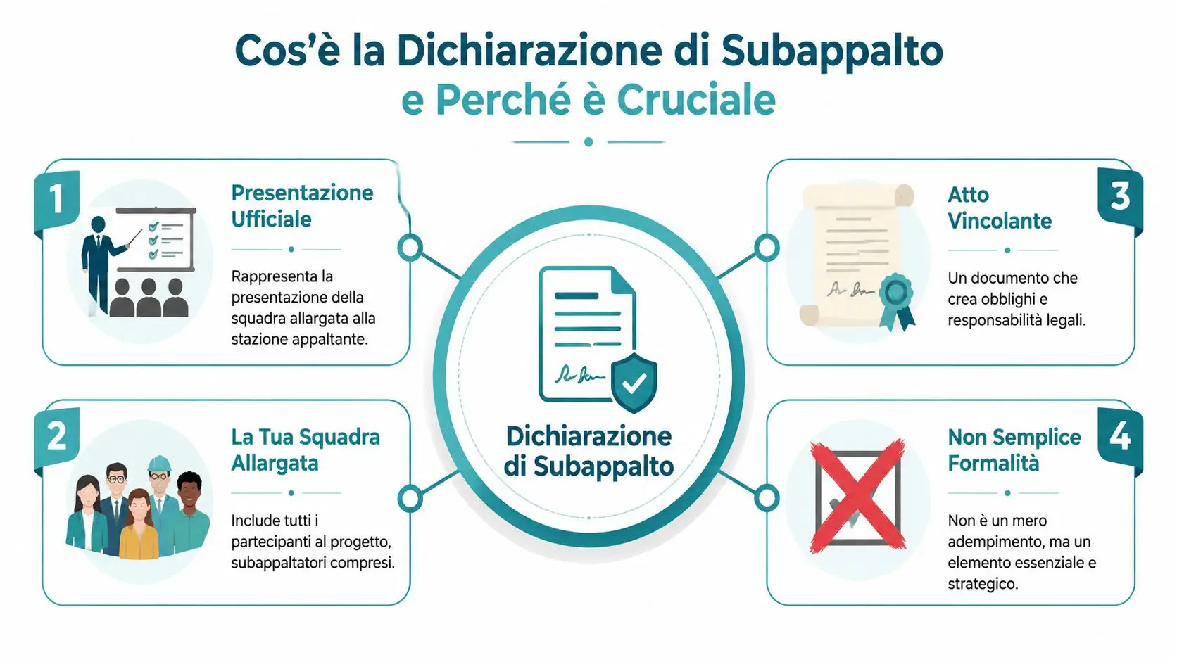 Infografica che spiega il significato e l'importanza della dichiarazione di subappalto nel settore degli appalti pubblici.