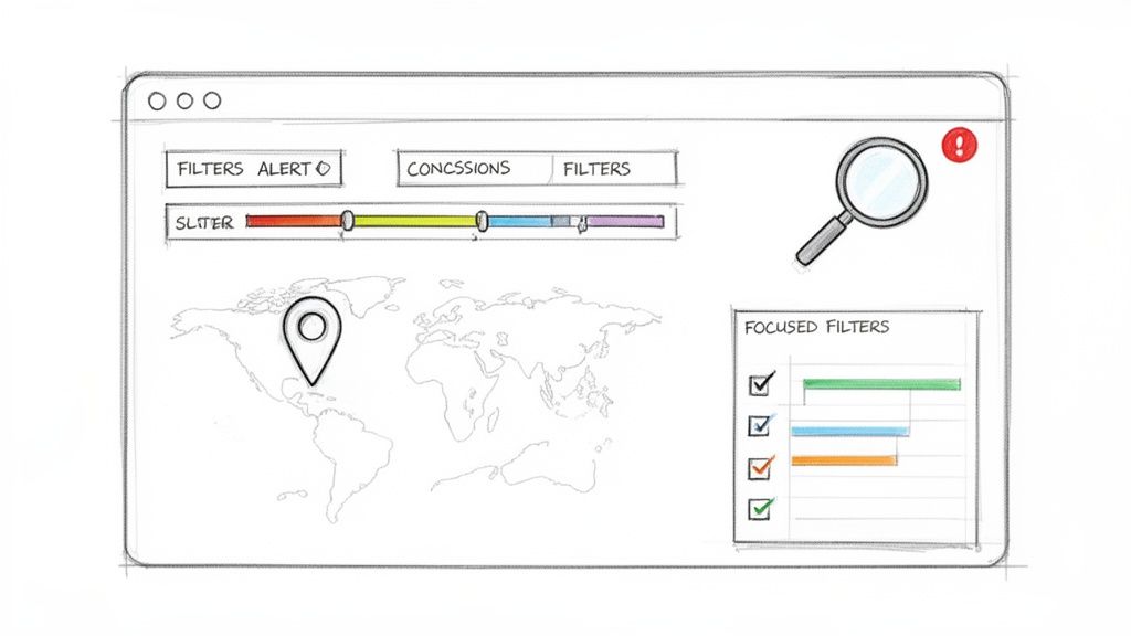 Schizzo di interfaccia utente web con filtri, slider, mappa mondiale e indicatore di posizione.