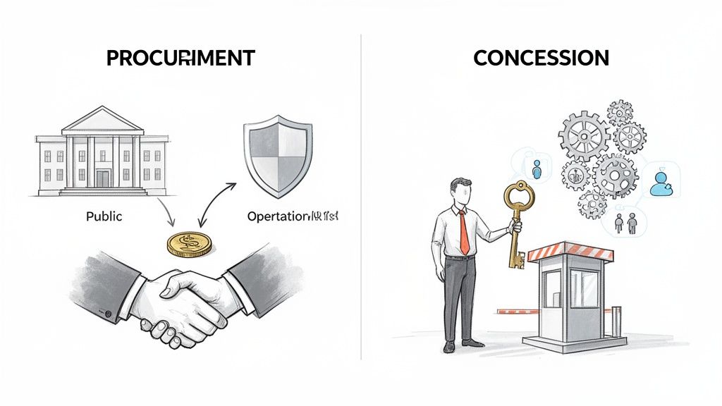 Diagramma che illustra la differenza tra appalto (procurement) e concessione tramite icone e testo esplicativi.