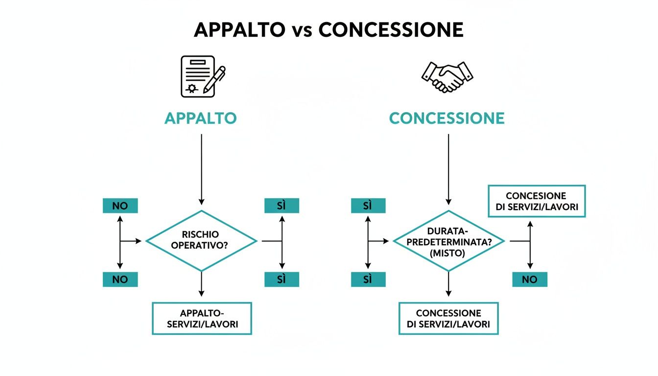 Diagramma di flusso che illustra le differenze tra appalto e concessione, basato su rischio operativo e durata.