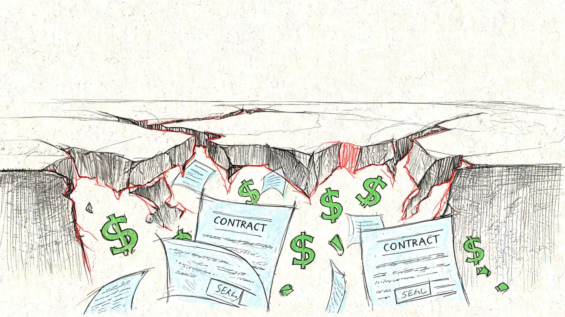 Disegno artistico di una profonda frattura nel terreno con contratti e simboli del dollaro che cadono.