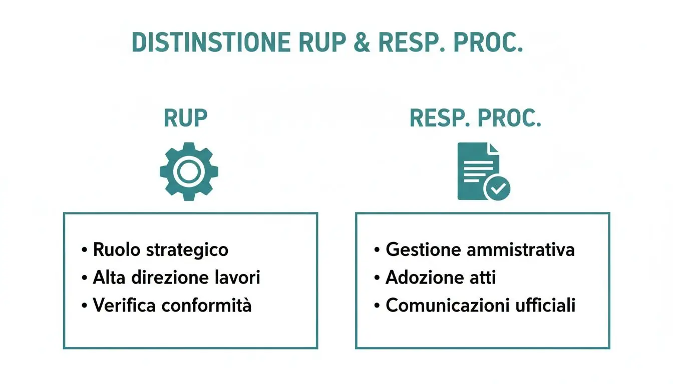 Illustrazione che evidenzia la distinzione tra RUP e Responsabile del Procedimento, elencando le rispettive responsabilità strategiche e amministrative.