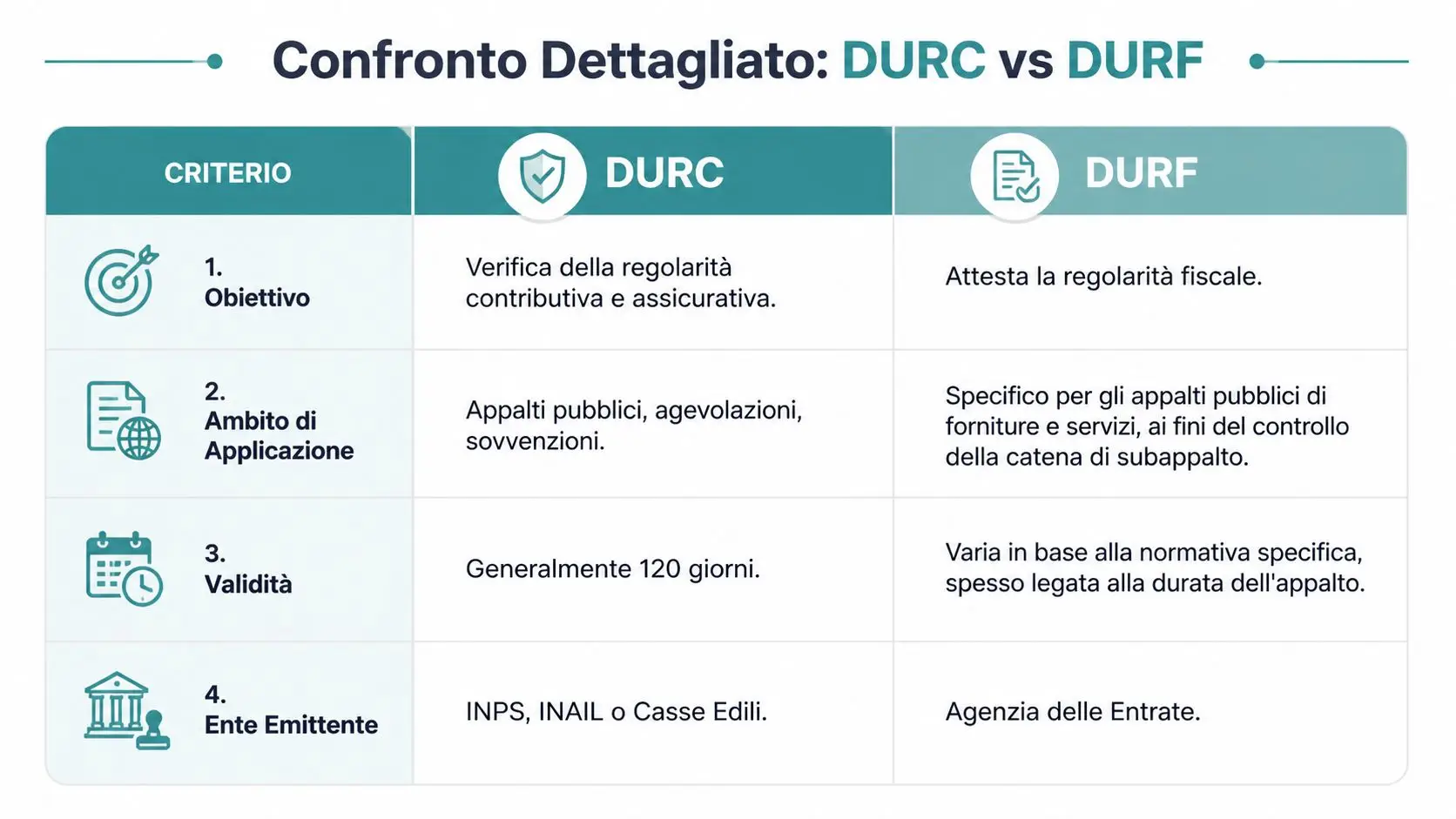 Tabella di confronto dettagliato tra il DURC e il DURF, evidenziando obiettivi, applicazione, validità ed ente emittente.