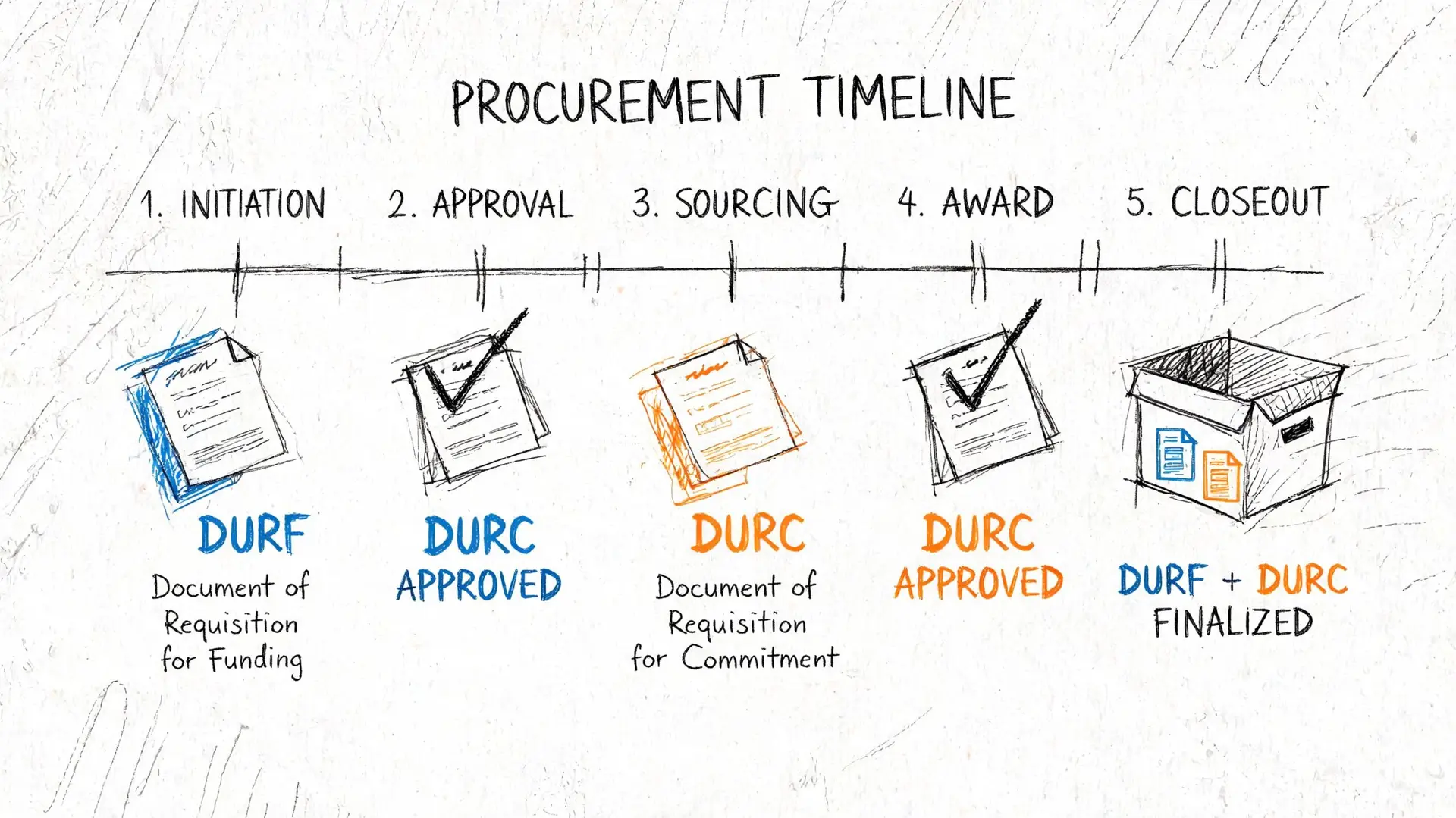 Diagramma che illustra il processo di approvvigionamento con le fasi DURF e DURC per la gestione della documentazione.