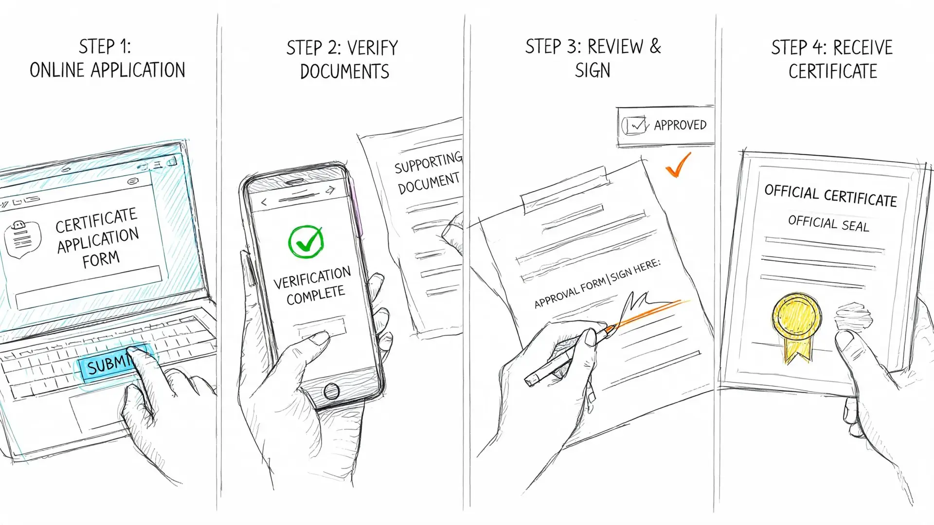 Un'infografica in quattro passaggi che illustra il processo digitale di richiesta e ricezione di un certificato ufficiale.