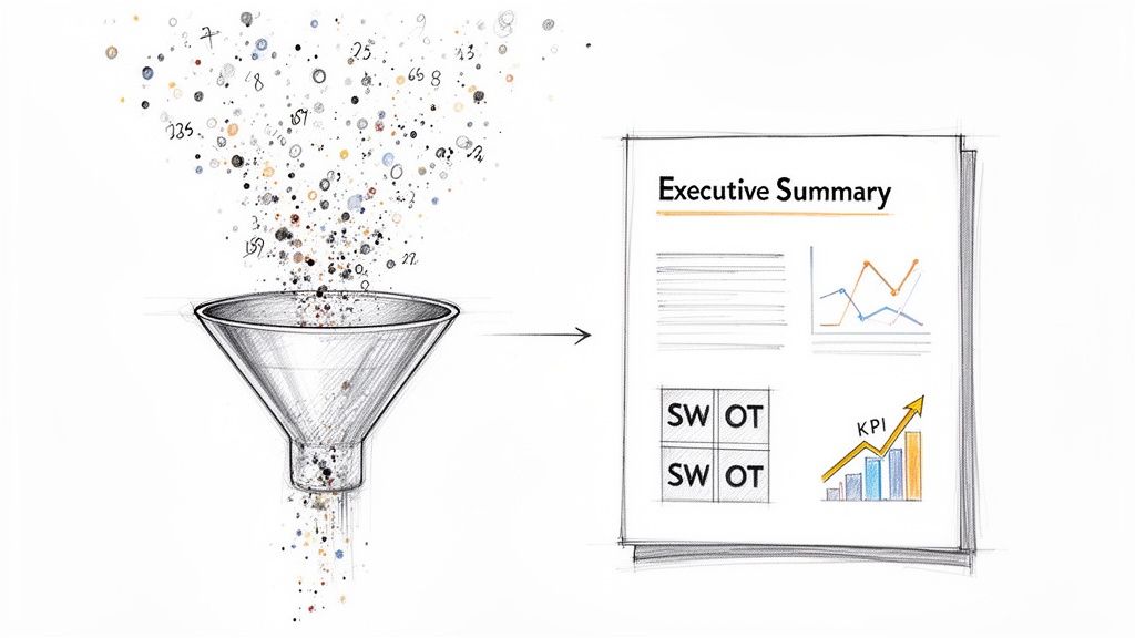 Un imbuto filtra dati complessi e li trasforma in un riepilogo esecutivo con grafici e analisi SWOT.