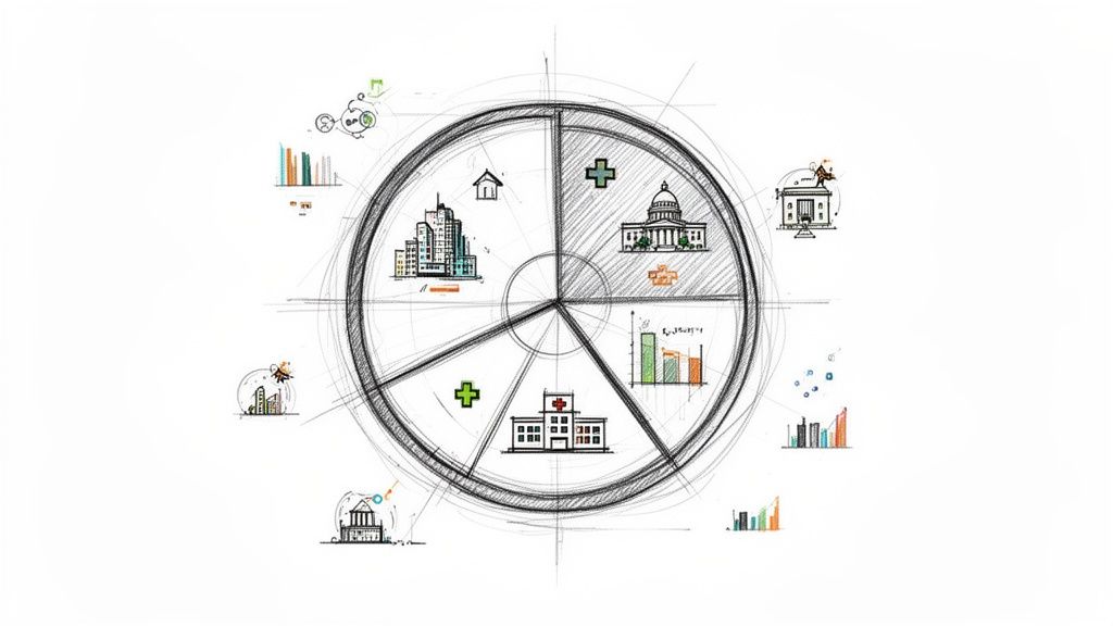 Diagramma circolare in stile schizzo con icone di edifici, sanità e dati, rappresentante settori di mercato.